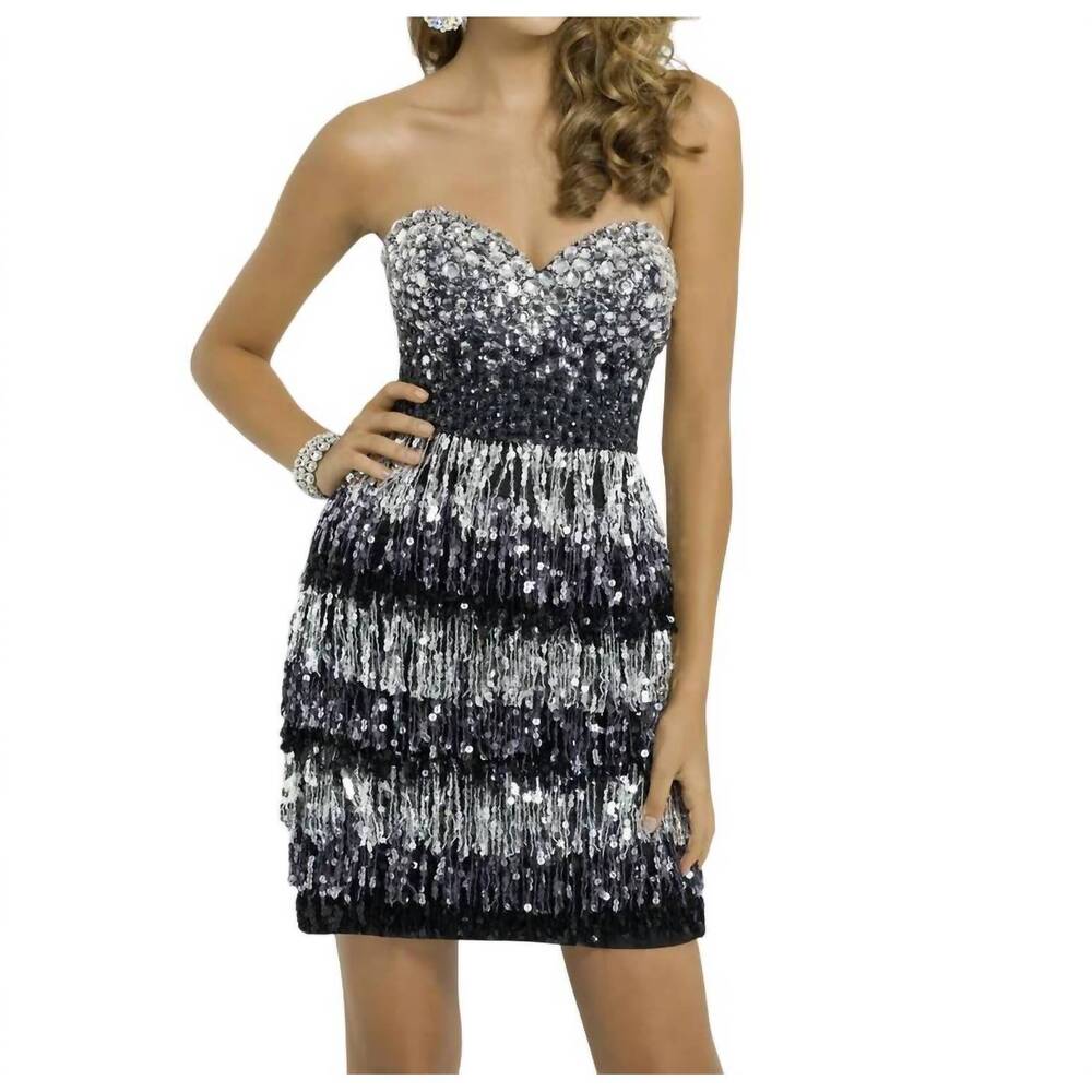 NEW BLUSH PROM bejeweled fringe short dress in black/silver